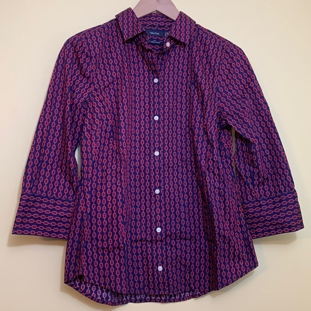 Nautica | Non Iron 100% Cotton Chains 3/4 Sleeve Navy Red Button Down Shirt M